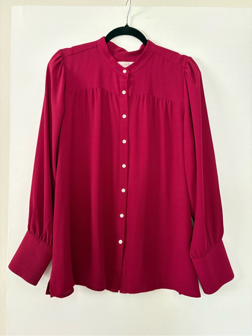 LOFT Raspberry-Pink Button Front Mandarin Collar Blouse - Picture 2 of 8
